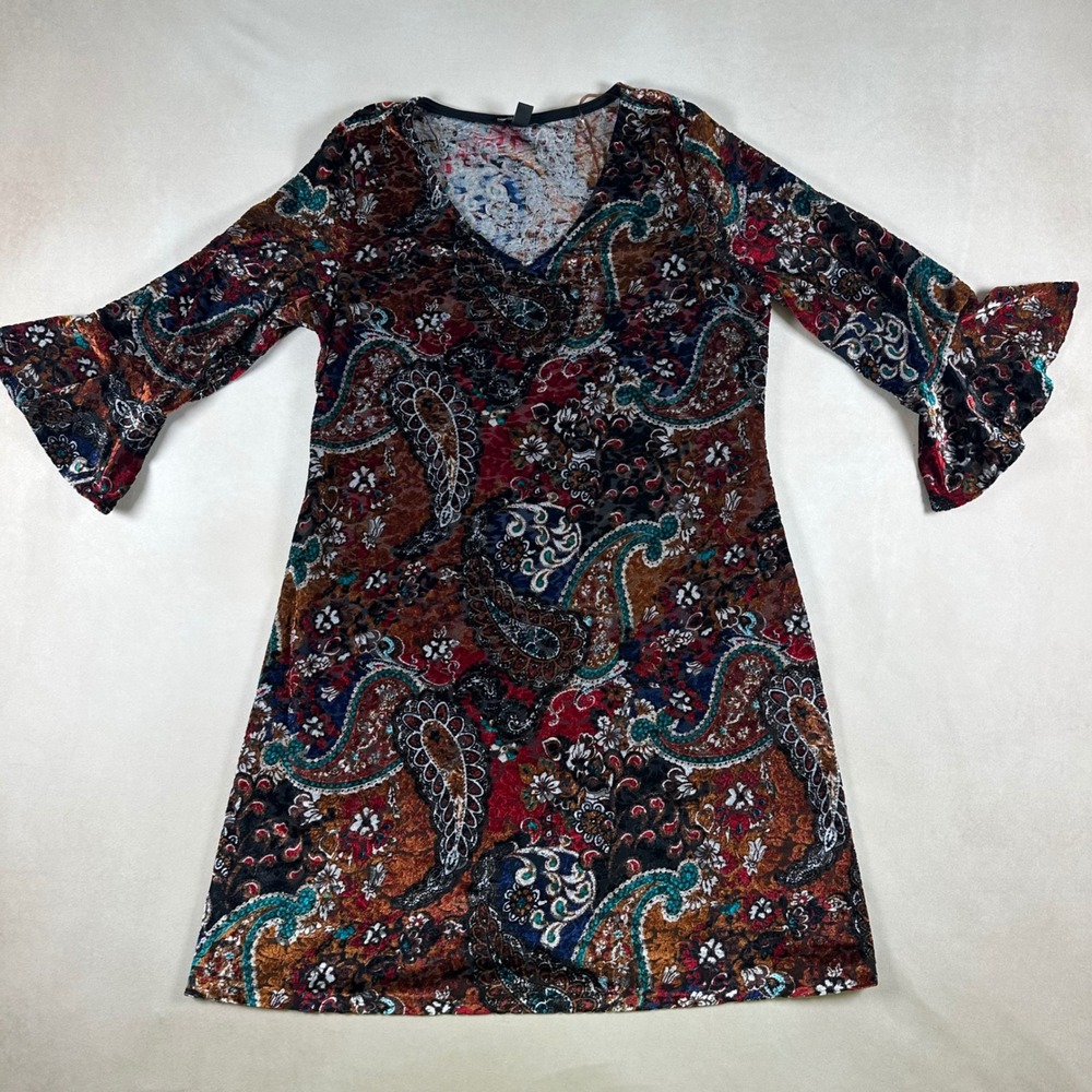 MSK Dress L Paisley Velvet Feel Bell Sleeve Boho Whimsigoth Brown Teal